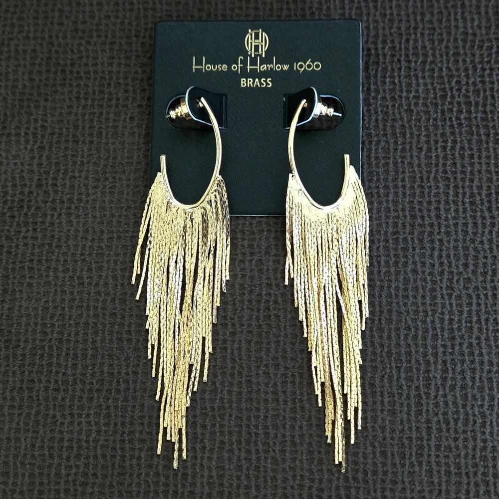 House🏠 of Harlow 1960 Dangling Gold💛 Cobra🐍 Chain⛓ Tassels Earrings - Picture 2 of 15